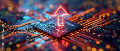 Close-up of a microchip with a glowing upward arrow symbolizing advancement in technology, innovation, and data processing. photo
