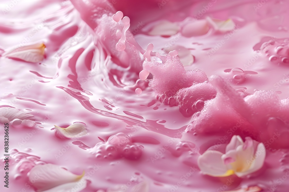 A bathtub with rose petals is filled with pink foam. A bathtub with rose petals is filled with pink foam.