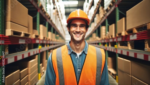 A man in an orange safety vest is smiling in front of a warehouse. The warehouse is filled with boxes and pallets, and the man is standing in the middle of the aisle