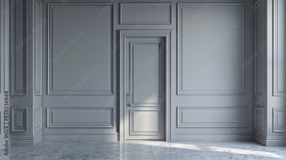 This is a 3D render illustration mockup of a gray classic interior with moldings and a blank wall. This is a 3D render illustration mockup of a gray classic interior with moldings and a blank wall.