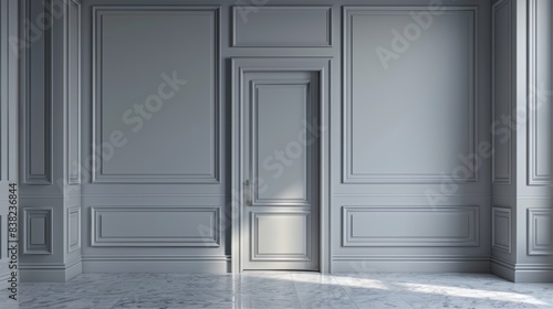 This is a 3D render illustration mockup of a gray classic interior with moldings and a blank wall.