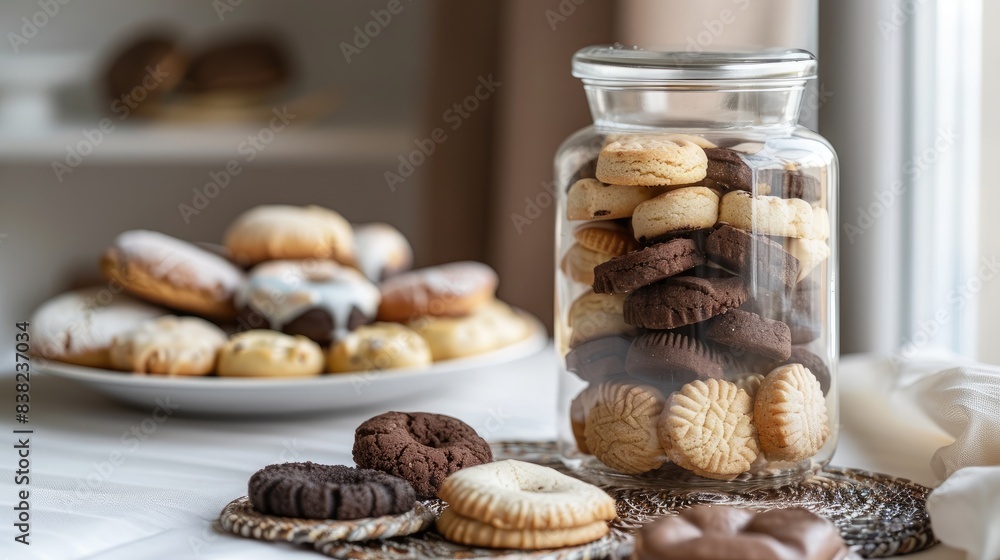a glass jar with cookies and a small plate filled with round gingerbread on a table, in a cozy kitchen background with a beige color palette. a glass jar with cookies and a small plate filled with round gingerbread on a table, in a cozy kitchen background with a beige color palette.