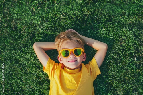 A young child wearing sunglasses is resting on the green grass outdoors © Imtiaz