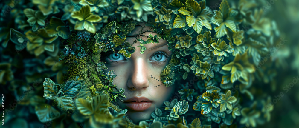 Woman's face surrounded by lush green foliage, creating a natural and enchanting look with vibrant greenery and captivating blue eyes. Woman's face surrounded by lush green foliage, creating a natural and enchanting look with vibrant greenery and captivating blue eyes.