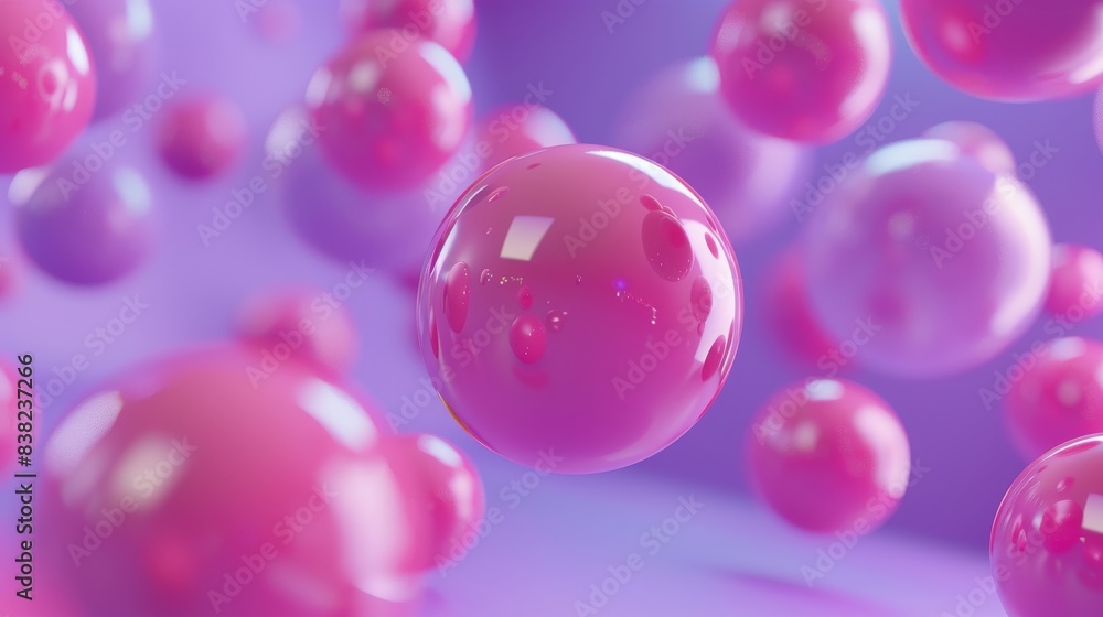 The image depicts pink balloons flying against a purple background in 3D. Abstraction background for ideas.
