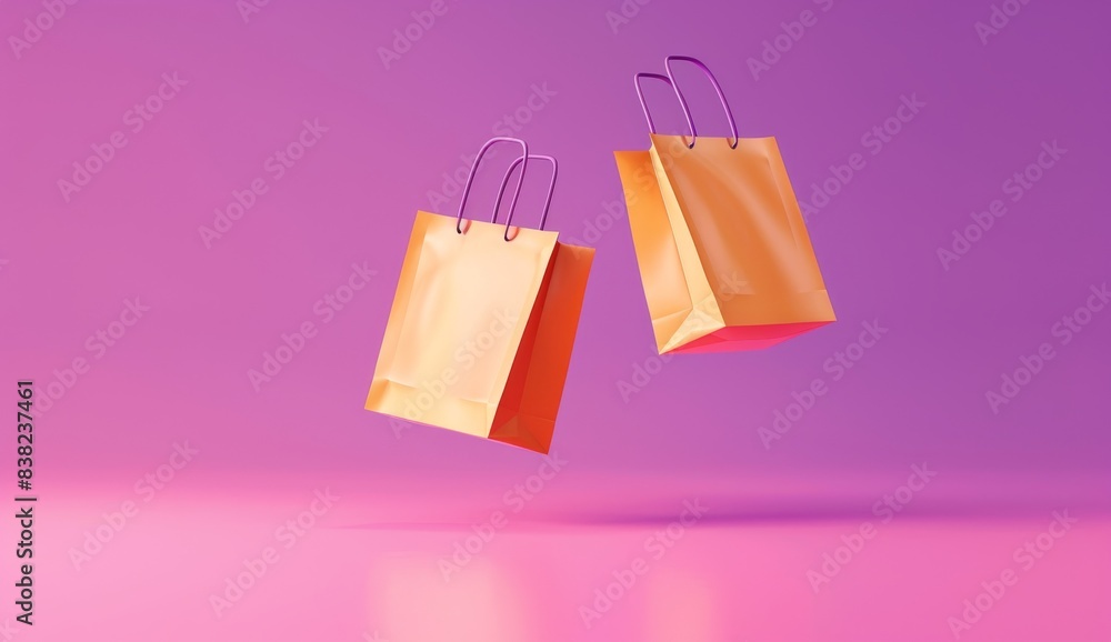 Online shopping concept with 3D paper bags on ping background. Illustration in 3D render. Online shopping concept with 3D paper bags on ping background. Illustration in 3D render.