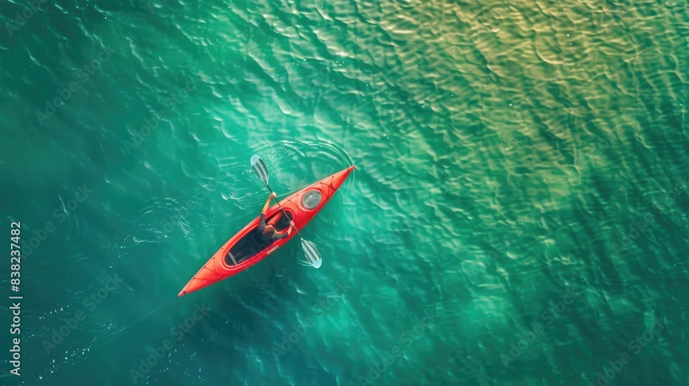 Fototapeta premium Red kayak swimmer on the lake in summer