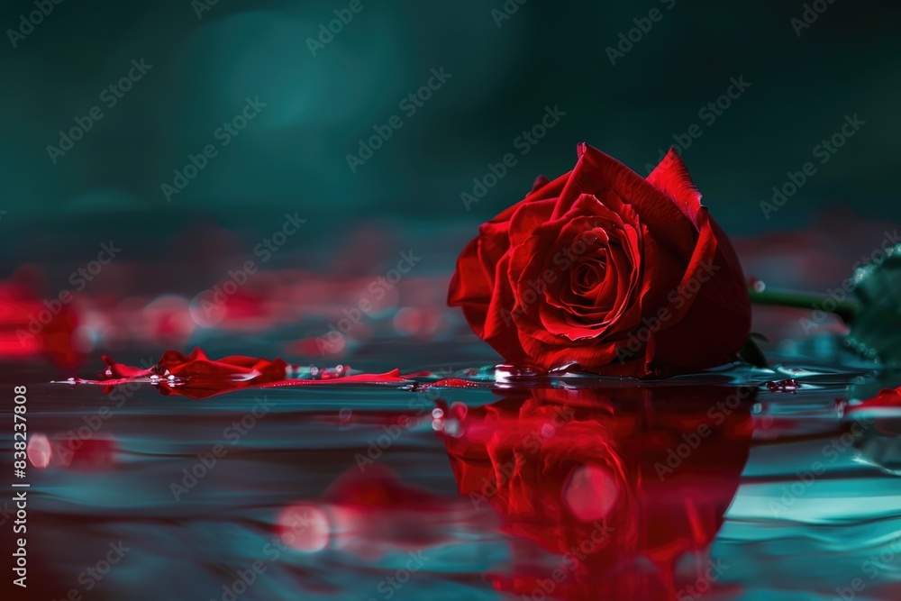 Red rose in a pool puddle of dripping blood. Blood, Red, Rose, Passion, Romance, Love, Treason