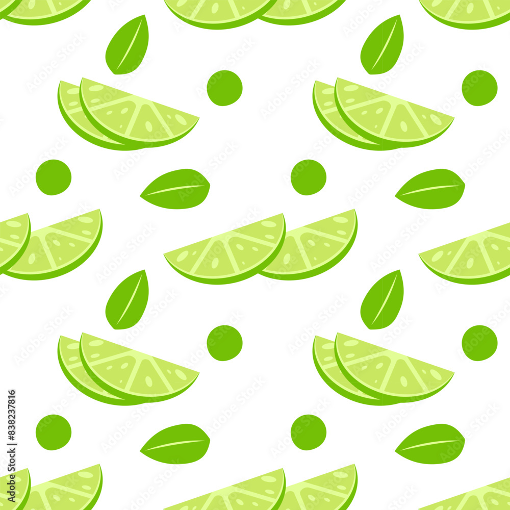 This is a digital illustration of a seamless pattern featuring lime slices and leaves on a white background. The lime slices are depicted in a flat, cartoon style, with a bright green color and a juic This is a digital illustration of a seamless pattern featuring lime slices and leaves on a white background. The lime slices are depicted in a flat, cartoon style, with a bright green color and a juic