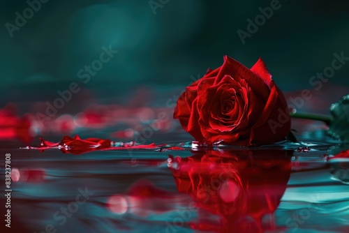 Obraz na płótnie Red rose in a pool puddle of dripping blood. Blood, Red, Rose, Passion, Romance, Love, Treason w salonie