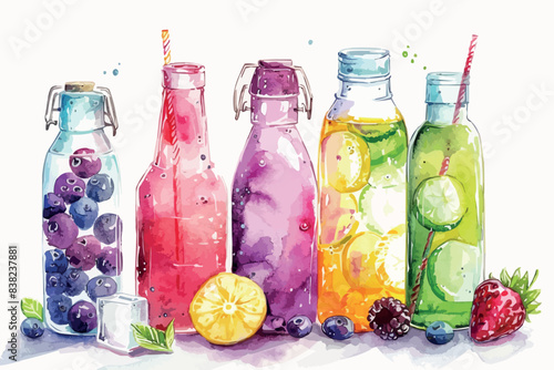 watercolor fruit drinks with ice cubes on a white background