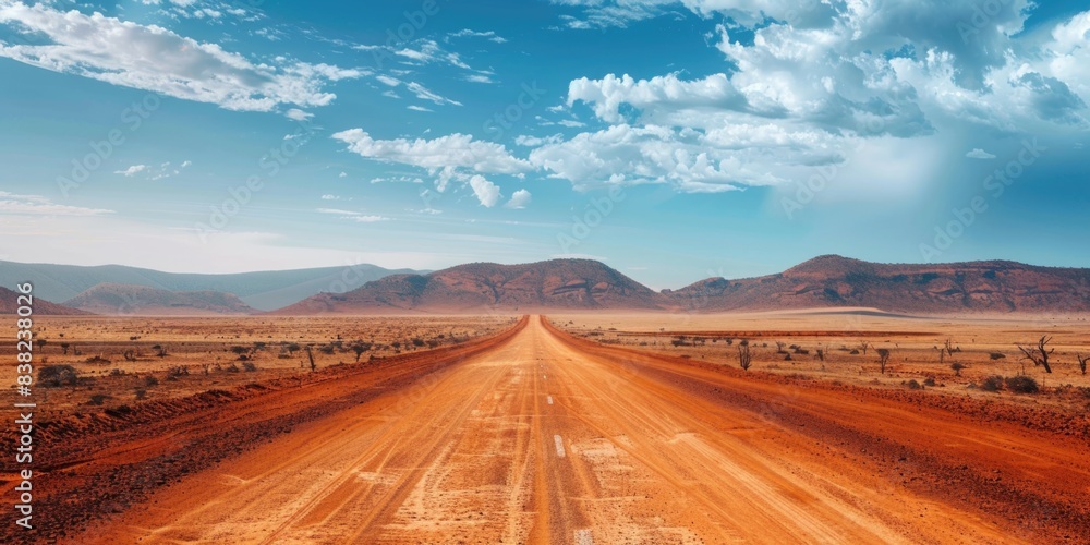 Naklejka premium Red sand and dirt vast desert landscape with a highway crossing to the horizon.