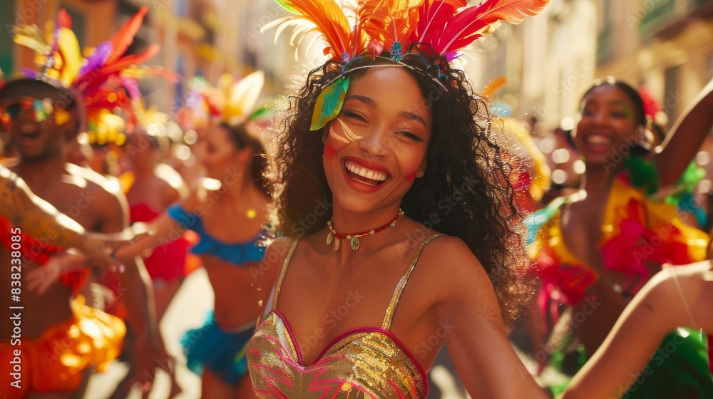 Vibrant faces of dancers performing in a street parade, moving to the rhythm of the music Vibrant faces of dancers performing in a street parade, moving to the rhythm of the music