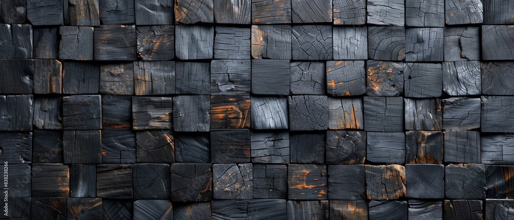 Abstract textured black wooden squares pattern background with natural wood grain, perfect for modern decor and artistic design use. Abstract textured black wooden squares pattern background with natural wood grain, perfect for modern decor and artistic design use.