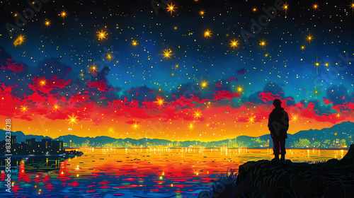A man stands on a cliff, gazing at a vibrant starry night sky over a city skyline reflecting in the water