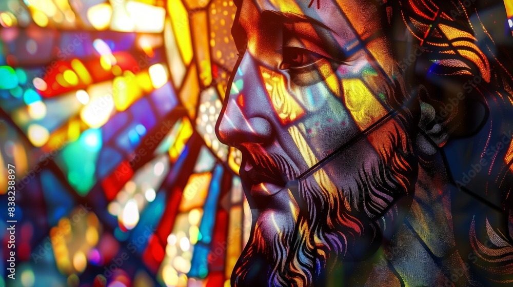 Colorful stained glass window with the image of the face of Jesus. Colorful stained glass window with the image of the face of Jesus.