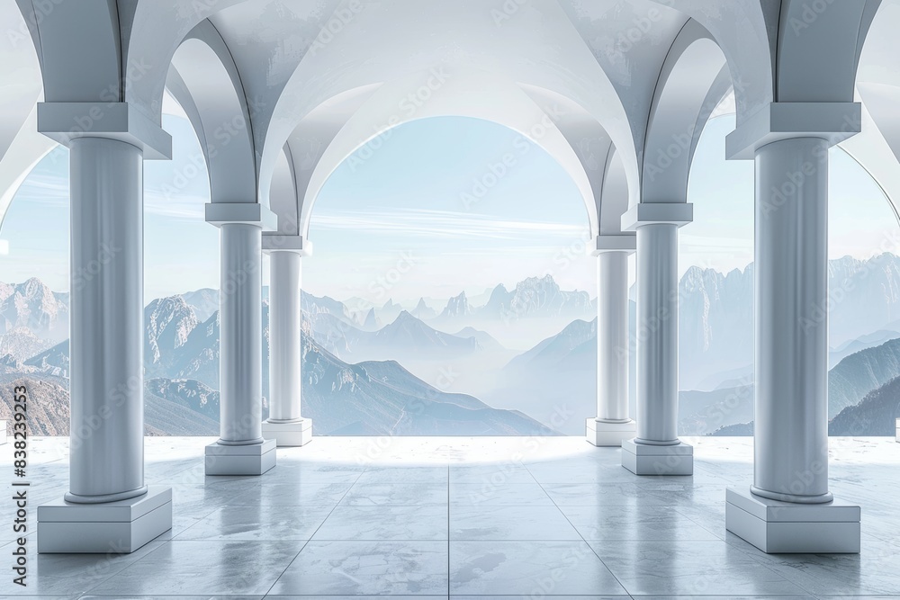 A 3D render of an empty concrete room with a large window and column structure against a landscape. A 3D render of an empty concrete room with a large window and column structure against a landscape.