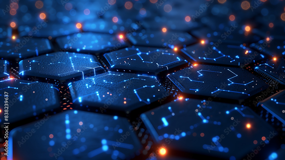 Fototapeta premium A background of interconnected hexagons and glowing points, representing the networked nature of digital technology