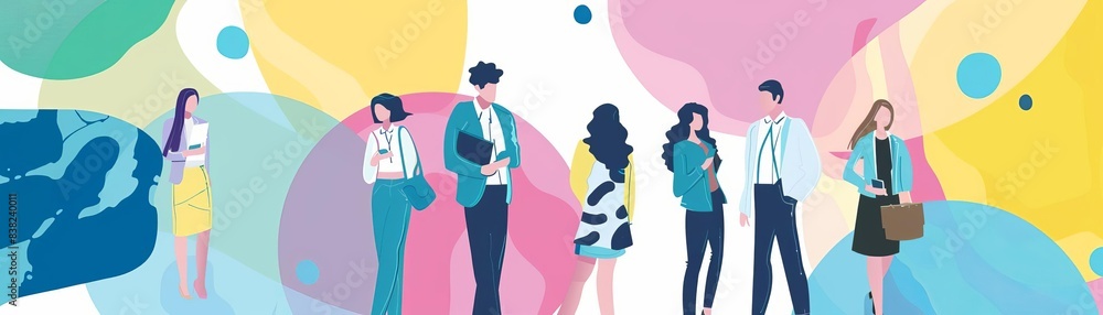 Fototapeta premium business professionals flat design top view corporate environment cartoon drawing colored pastel