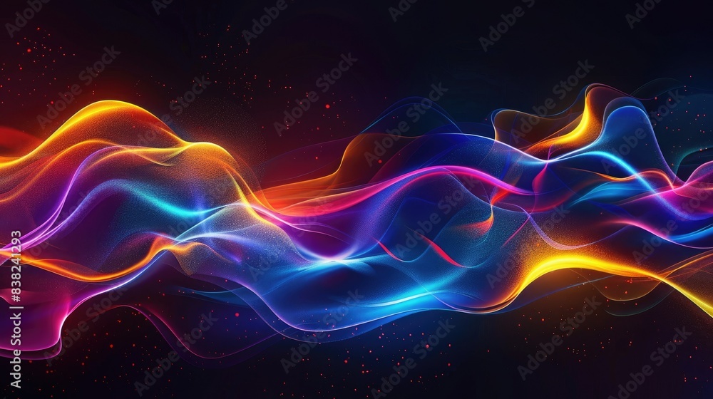 Abstract waves of light graphics, creating flowing shapes in bright colors on a dark background Abstract waves of light graphics, creating flowing shapes in bright colors on a dark background