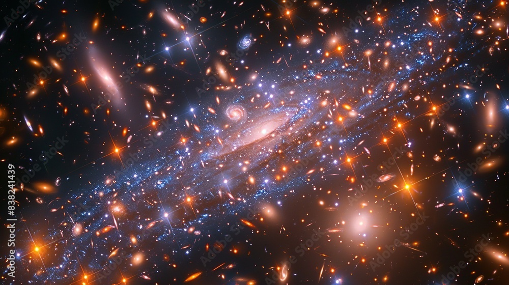 An expansive view of a galaxy cluster, showing the dense concentration of stars, planets, and cosmic dust, with gravitational lensing effects bending the light from distant galaxies. shiny, Minimal An expansive view of a galaxy cluster, showing the dense concentration of stars, planets, and cosmic dust, with gravitational lensing effects bending the light from distant galaxies. shiny, Minimal
