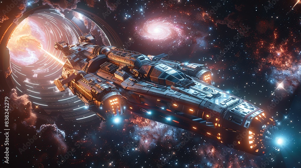 A starship traveling through an interstellar tunnel, created by advanced technology or natural phenomena, with stars and galaxies visible through the walls of the tunnel. shiny, Minimal and Simple, A starship traveling through an interstellar tunnel, created by advanced technology or natural phenomena, with stars and galaxies visible through the walls of the tunnel. shiny, Minimal and Simple,
