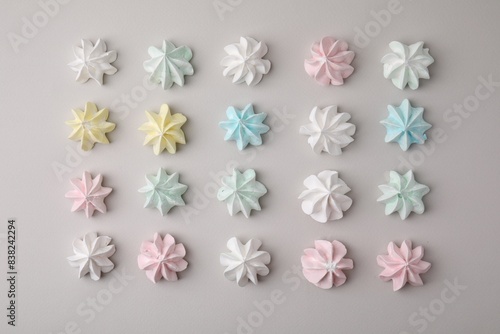 Delicious meringue cookies on light background  flat lay
