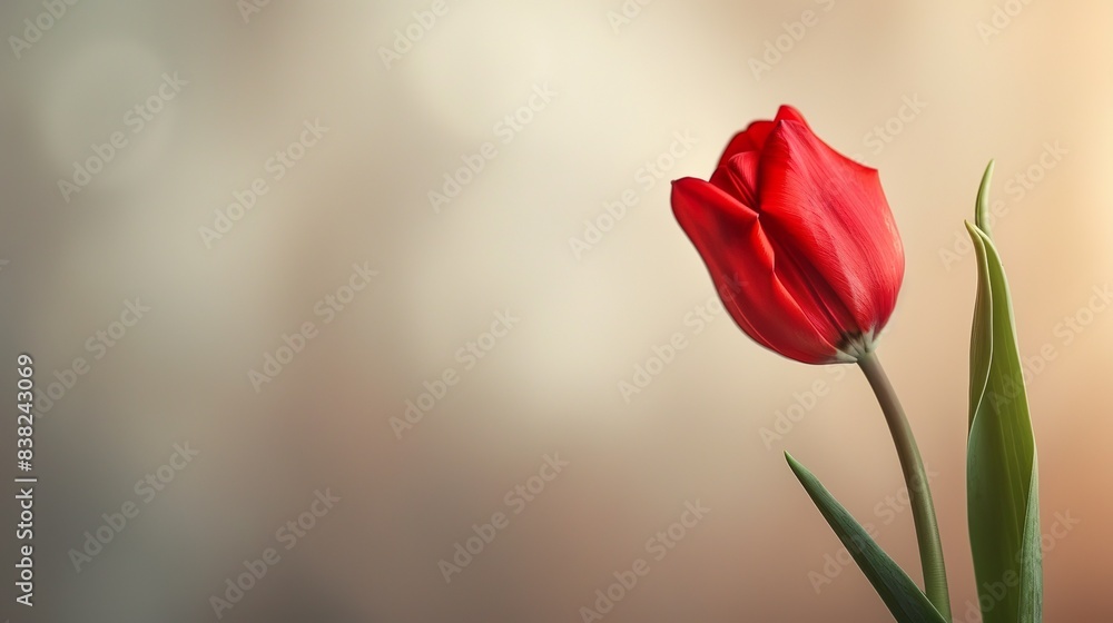 Obraz premium Elegance in Bloom: A Vibrant Red Tulip Against a Soft Background