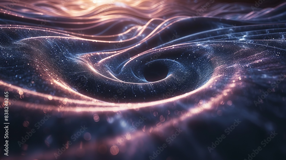 Obraz premium A visualization of gravitational waves, with ripples spreading through the fabric of space-time, originating from a cataclysmic event such as the collision of black holes. shiny, Minimal and Simple,