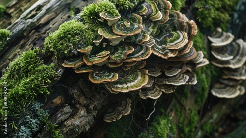 Aged log with rich moss and mushrooms, highlighting the intricate patterns and textures of decomposition