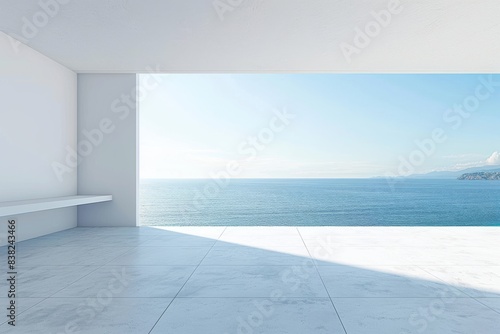 In this 3D render  there is an empty concrete room with large windows on a sea background.