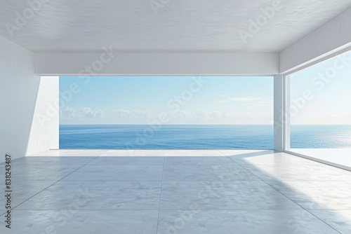 An empty concrete room with a large window on the sea background is rendered in 3D.