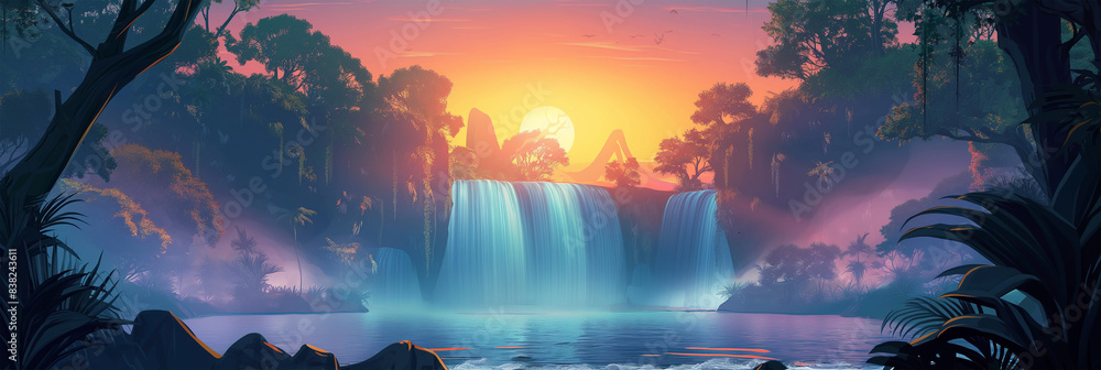Fototapeta premium Jungle waterfall landscape at sunrise isolation background, Illustration.