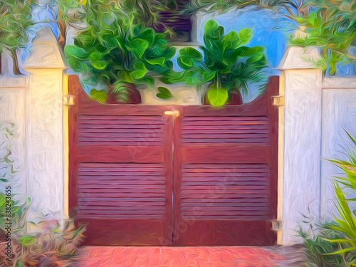 Simple but stylish garden gate outside a house in the New Urbanist style of architecture in a beach town on the Gulf Coast of the Florida panhandle. Digital painting effect..