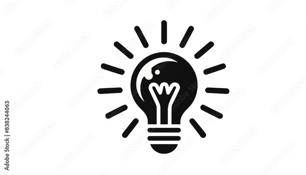 A black and white light bulb icon with rays coming out, on a transparent background A black and white light bulb icon with rays coming out, on a transparent background