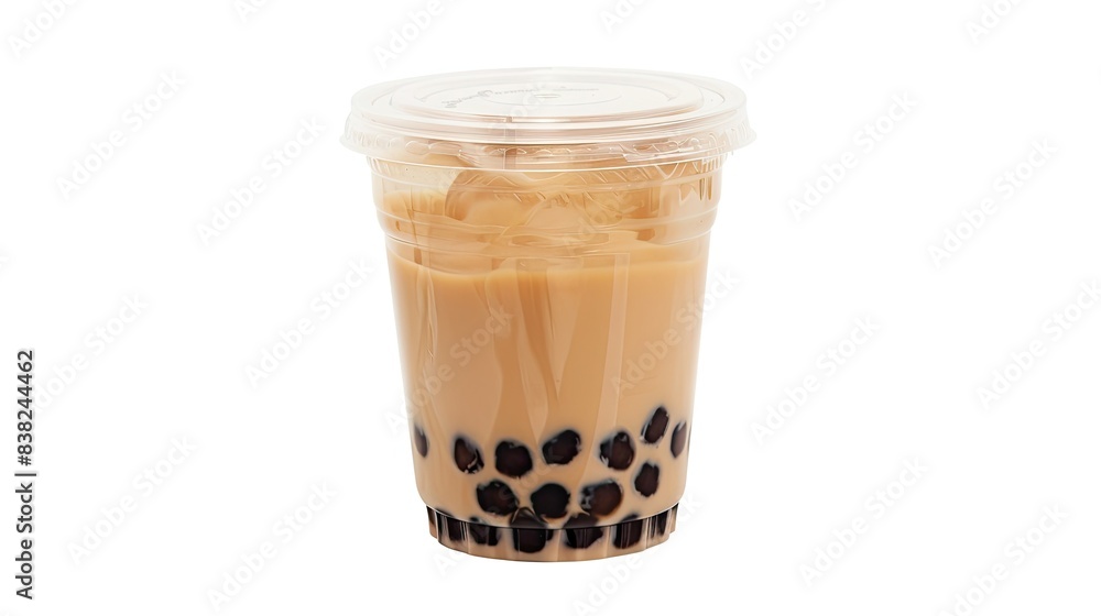 Clear plastic cup containing bubble tea, with a lid, isolated against a white background, perfect for product advertising Clear plastic cup containing bubble tea, with a lid, isolated against a white background, perfect for product advertising