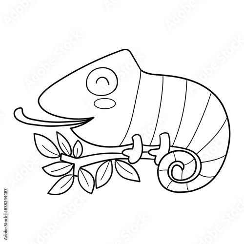 Black and white illustration of a chameleon on a branch with leaves and sticking out its tongue, coloring page