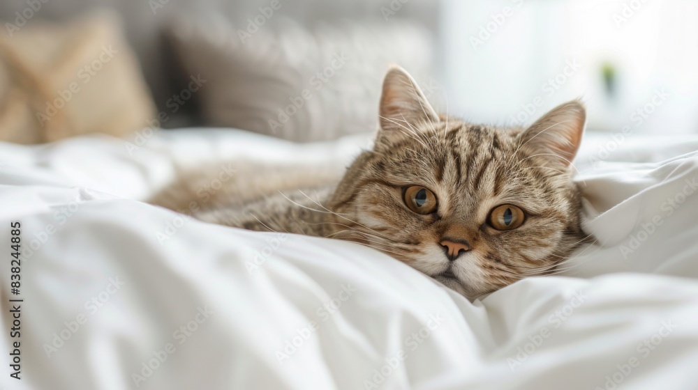 A tabby cat lies on a white bed, with its head resting on a white pillow, looking at the camera. A tabby cat lies on a white bed, with its head resting on a white pillow, looking at the camera.