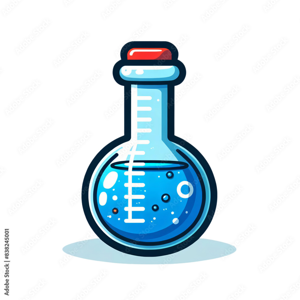 A cartoon-style illustration of a laboratory flask filled with blue liquid on a transparent background. The flask has measurement markings and a red cap A cartoon-style illustration of a laboratory flask filled with blue liquid on a transparent background. The flask has measurement markings and a red cap