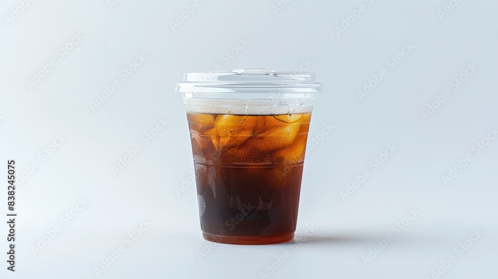 Clear plastic cup filled with cold brew coffee and a lid, studio lighting, isolated white background for advertising focus Clear plastic cup filled with cold brew coffee and a lid, studio lighting, isolated white background for advertising focus