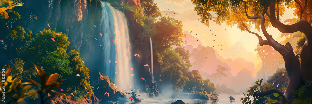 Fototapeta premium Jungle waterfall landscape at sunrise isolation background, Illustration.