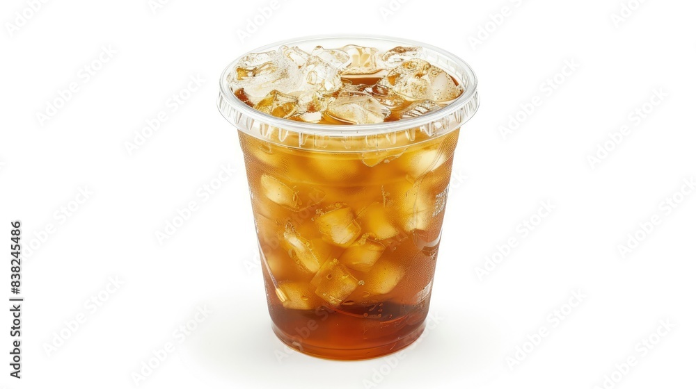 Clear plastic cup filled with iced tea, topped with a lid, isolated against a white background, perfect for product advertising Clear plastic cup filled with iced tea, topped with a lid, isolated against a white background, perfect for product advertising