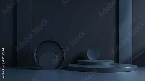 Blue podium on blue background. Cosmetic background with minimal cosmetics. 3D rendering. photo