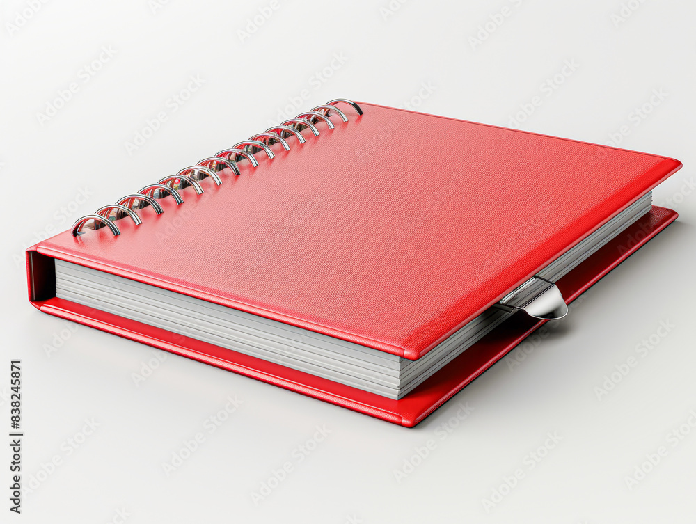 A red leather bound spiral bound book with a silver clip A red leather bound spiral bound book with a silver clip