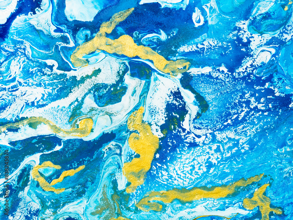 Naklejka premium Abstract art, blue and gold painting, creative hand painted background, marble texture, acrylic painting on canvas, liquid art, abstract ocean.
