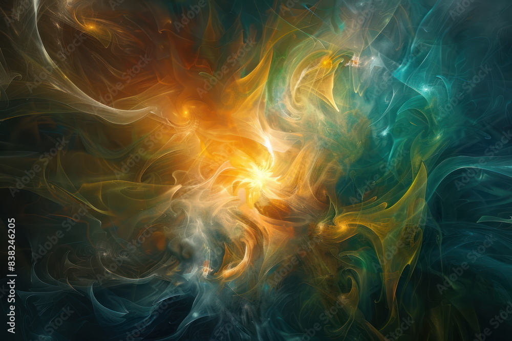 Fototapeta premium abstract background, golden shapes in cool blues and green, wave wallpaper, patterns lines and swirling shape