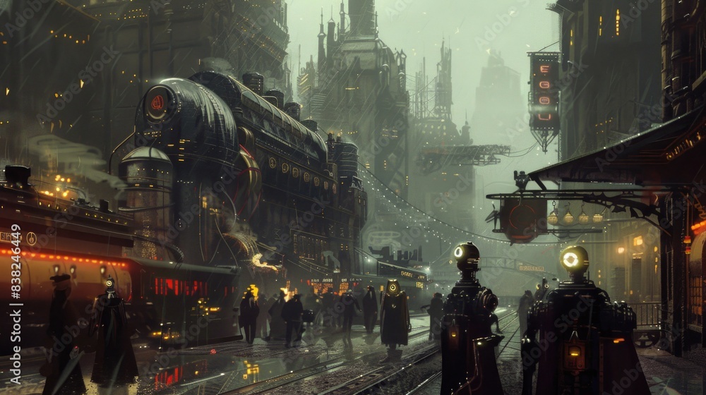 Robots and humans in a steampunk style city. Robots and humans in a steampunk style city.