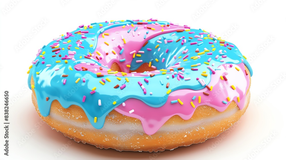 Vibrant donut with blue and pink icing, sprinkled with colorful toppings on white background. Perfect for food and dessert imagery. Vibrant donut with blue and pink icing, sprinkled with colorful toppings on white background. Perfect for food and dessert imagery.