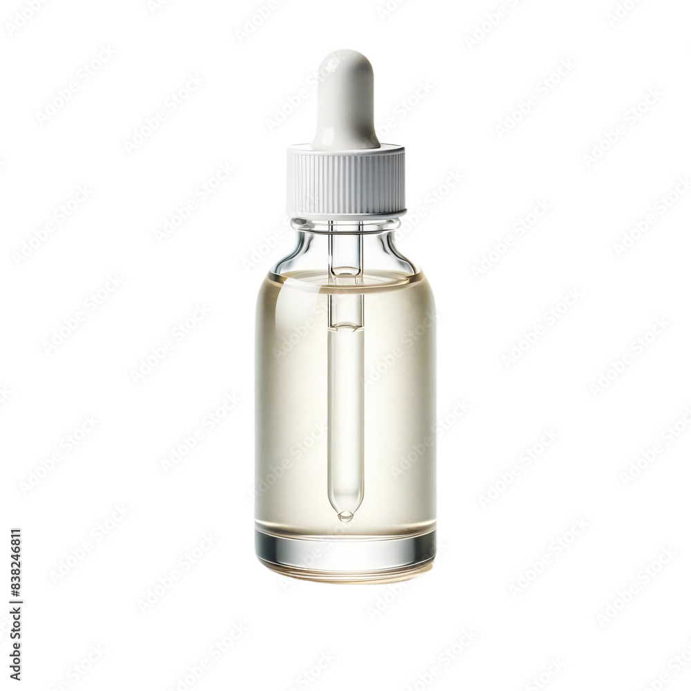 A clear glass dropper bottle filled with a light-colored liquid on a transparent background. The bottle has a white dropper cap A clear glass dropper bottle filled with a light-colored liquid on a transparent background. The bottle has a white dropper cap
