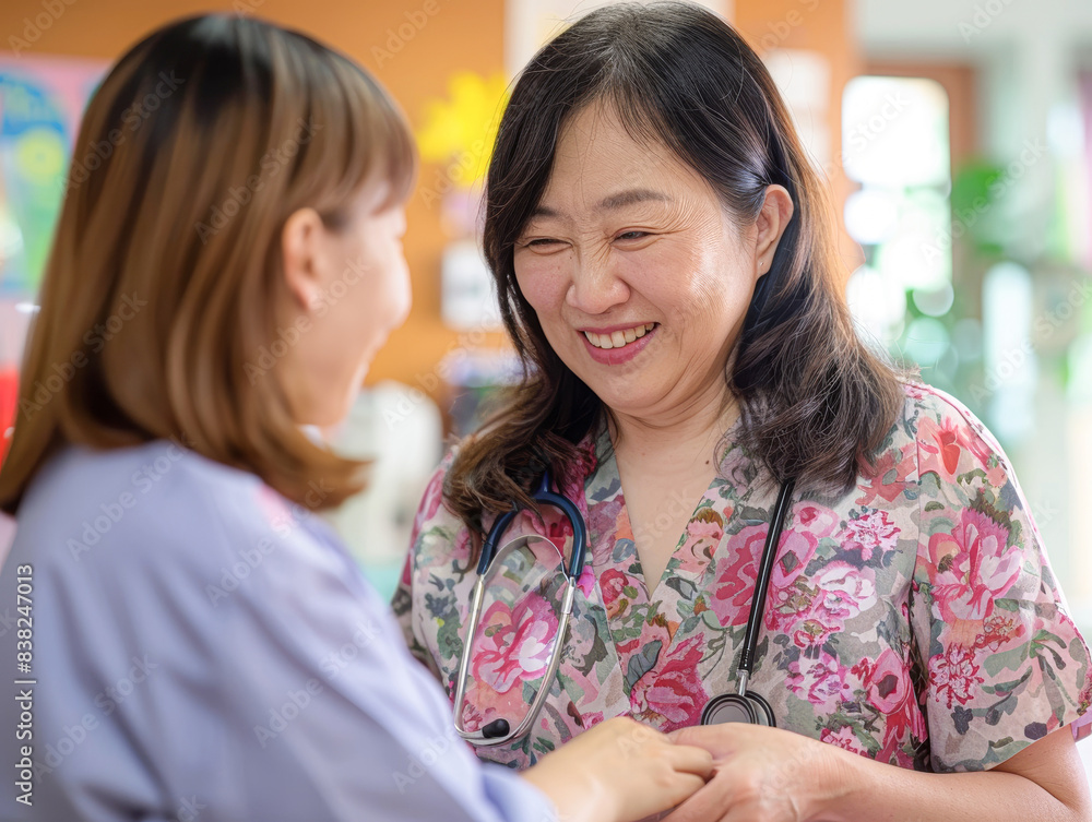 Compassionate Asian Nurse Conducting Physical Examination on Woman with Down Syndrome, Using Stethoscope with Care and Sensitivity Compassionate Asian Nurse Conducting Physical Examination on Woman with Down Syndrome, Using Stethoscope with Care and Sensitivity